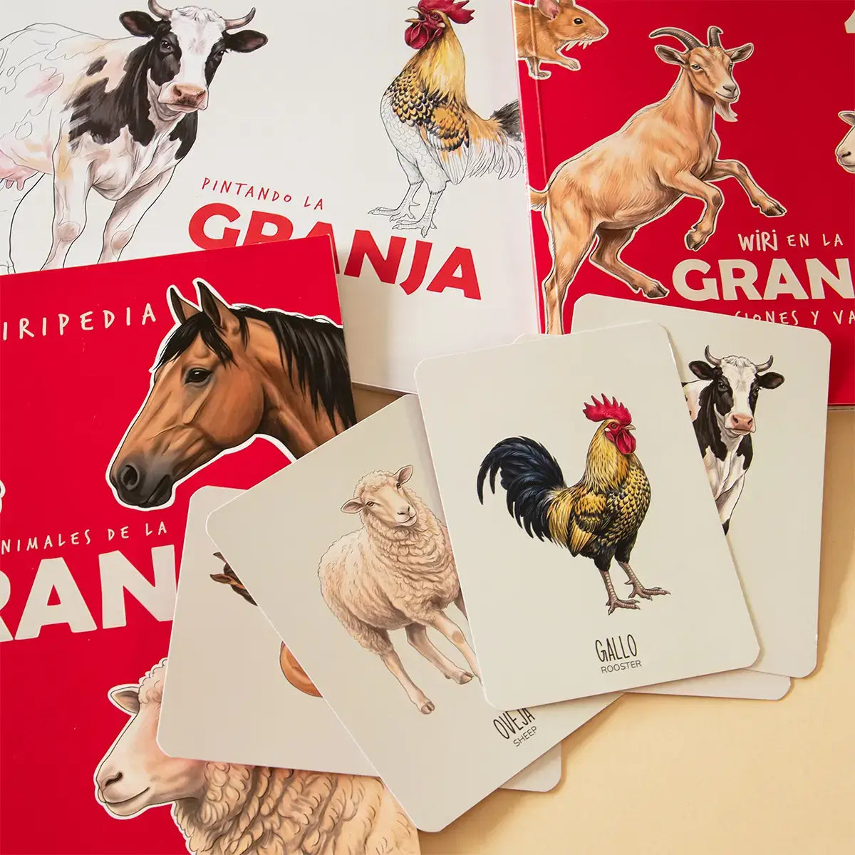 Un kit donde descubrirás a 15 animales de la granja en 4 formatos diferentes una Wiripedia (Enciclopedia infantil) que muestra los datos duros y curiosos de los animales, un libro con 4 cuentos protagonizados con los mismos animales de emociones y valores, 15 Wiri Cards (Flash Cards) para hacer actividades con los mismos animales, un block para pintar.